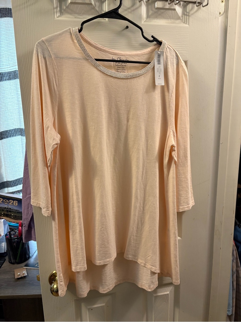 New Chico's Soft Peach 3/4 Sleeve Tunic with Embellished Neck